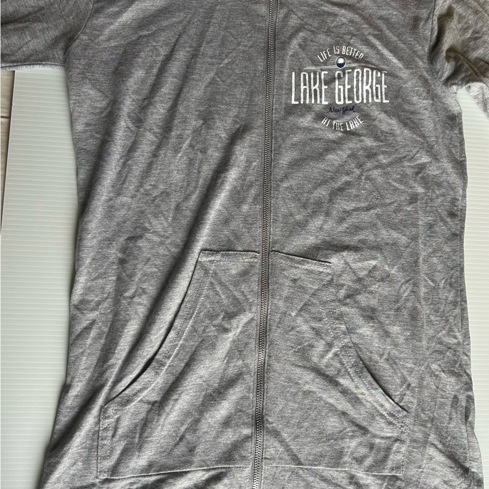 Gray Zip-Up Hoodie with Lake George Print